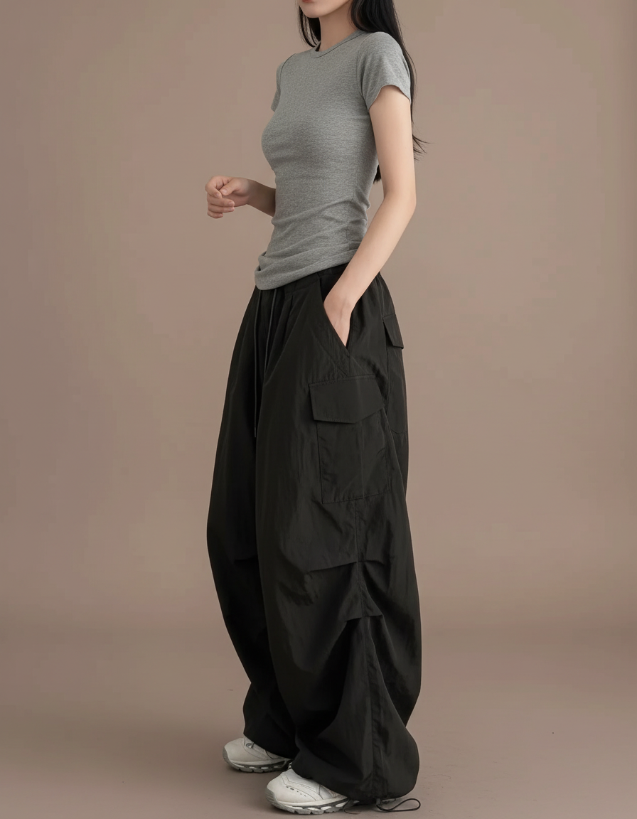 Pantalon Cargo Ample Noir Fluide Femme Décontracté - Polyester