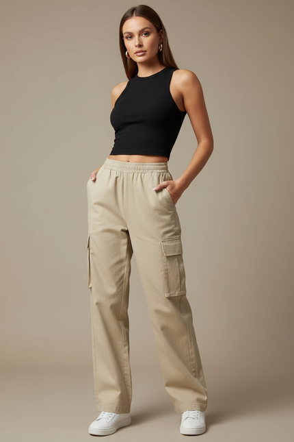 Pantalon Cargo Beige Ample Femme Multipoches Décontracté - Toile