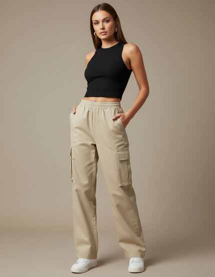 Pantalon Cargo Beige Ample Femme Multipoches Décontracté - Toile