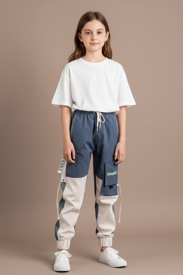 Pantalon Cargo Bicolore Ample Multipoches Streetwear Enfant - Multicolore Gabardine