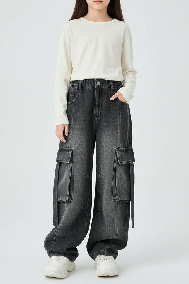 Pantalon Cargo Enfant Gris Ample Denim Décontracté - Jean