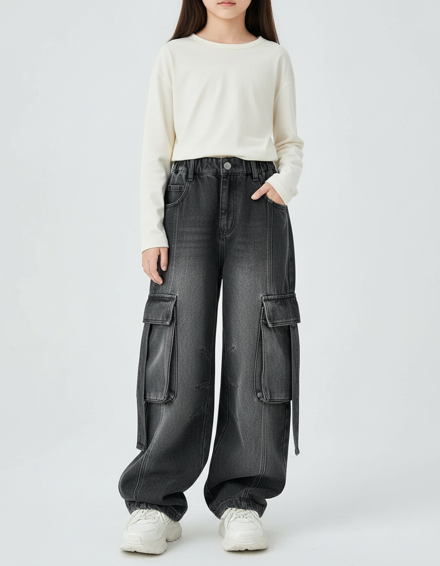 Pantalon Cargo Enfant Gris Ample Denim Décontracté - Jean