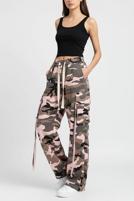 Pantalon Cargo Camouflage Rose Ample Multipoches Femme - Molleton