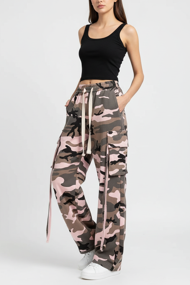 Pantalon Cargo Camouflage Rose Ample Multipoches Femme - Molleton