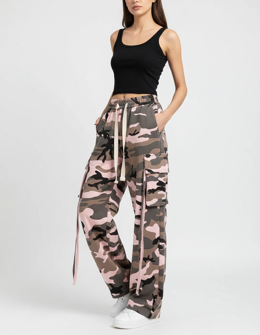 Pantalon Cargo Camouflage Rose Ample Multipoches Femme - Molleton