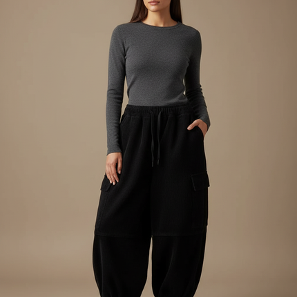 Pantalon Cargo Noir Velours Côtelé Ample Femme Harem - Cordé