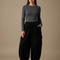 Pantalon Cargo Noir Velours Côtelé Ample Femme Harem - Cordé