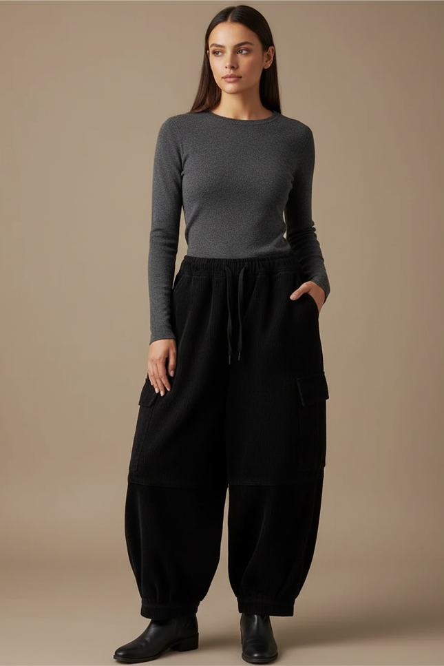 Pantalon Cargo Noir Velours Côtelé Ample Femme Harem - Cordé