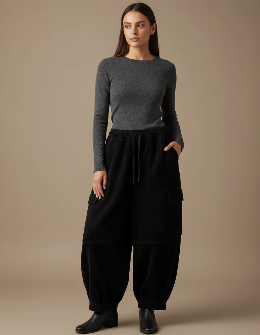 Pantalon Cargo Noir Velours Côtelé Ample Femme Harem - Cordé