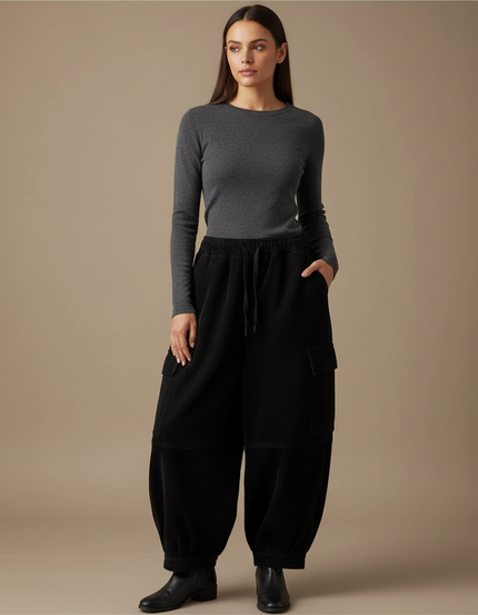 Pantalon Cargo Noir Velours Côtelé Ample Femme Harem - Cordé