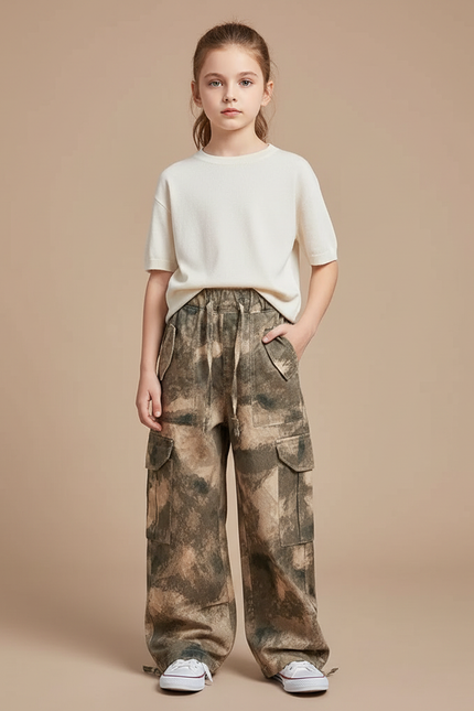 Pantalon Cargo Camouflage Ample Fille Multipoches - Kaki Toile