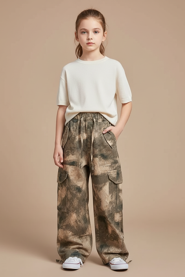 Pantalon Cargo Camouflage Ample Fille Multipoches - Kaki Toile