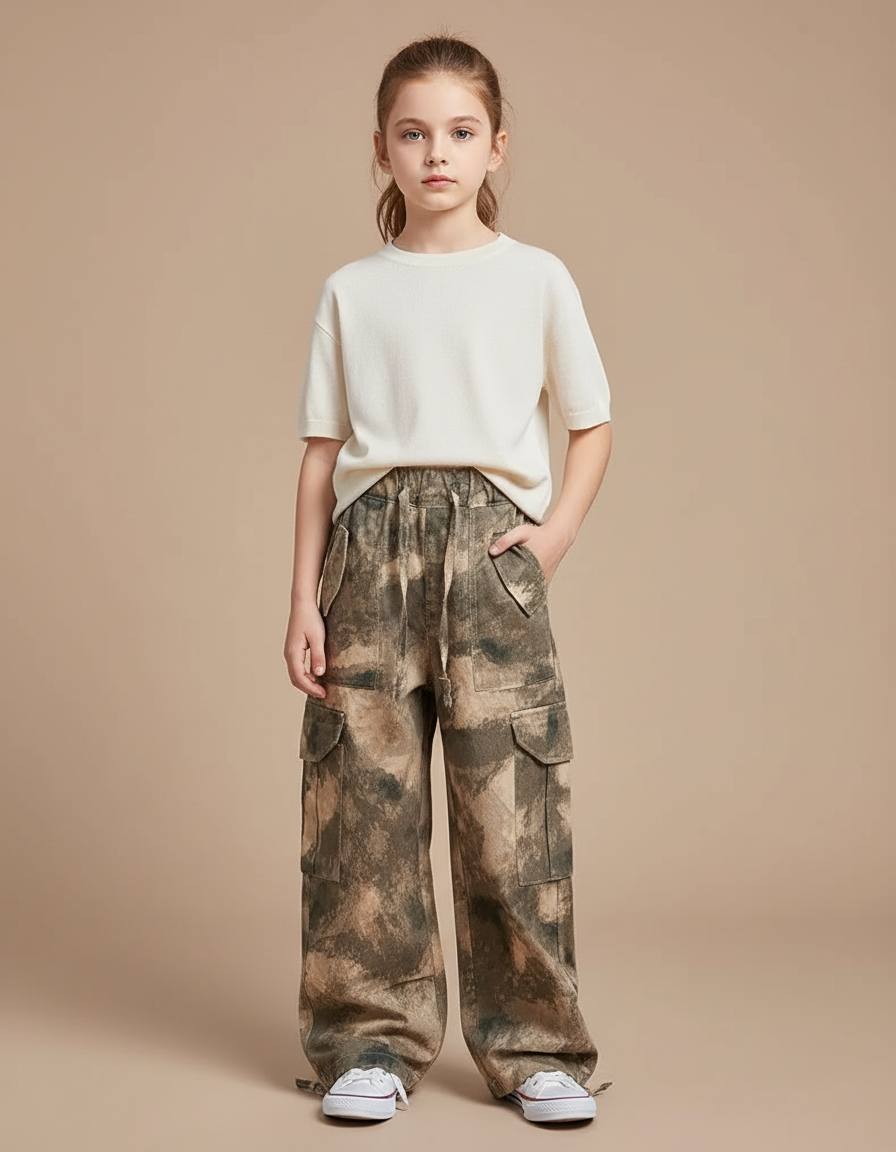 Pantalon Cargo Camouflage Ample Fille Multipoches - Kaki Toile