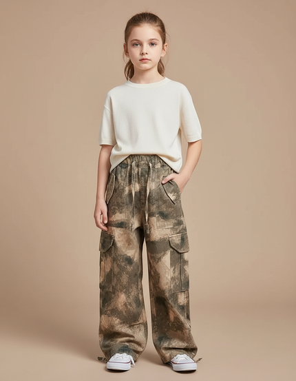 Pantalon Cargo Camouflage Ample Fille Multipoches - Kaki Toile