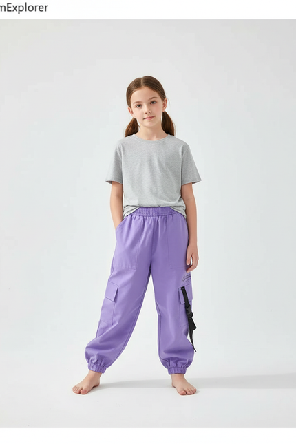 Pantalon Cargo Violet Ample Poches Élastique Fille Coton