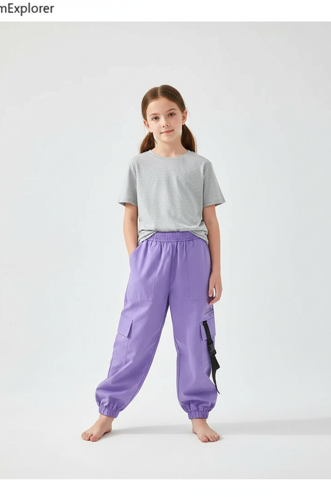 Pantalon Cargo Violet Ample Poches Élastique Fille Coton