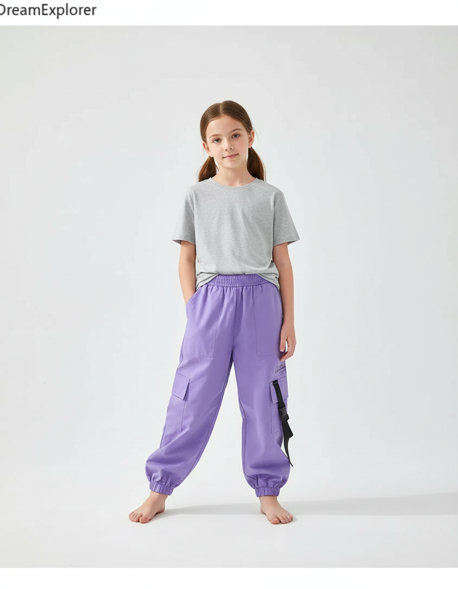 Pantalon Cargo Violet Ample Poches Élastique Fille Coton