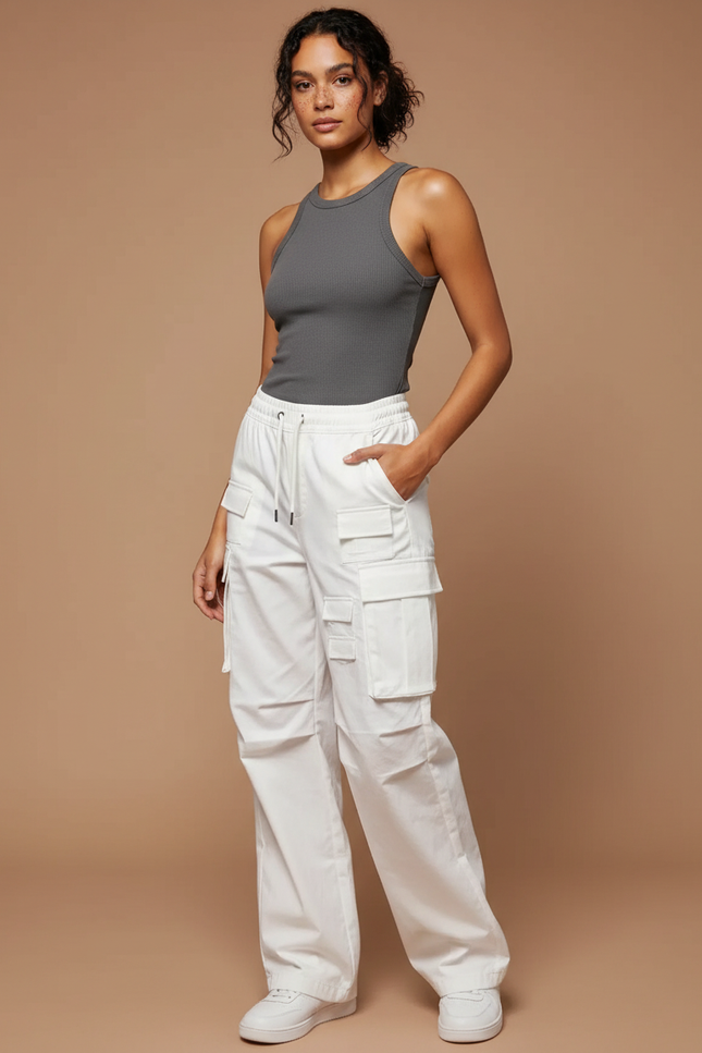 Pantalon Cargo Blanc Ample Taille Haute Multipoches - Toile