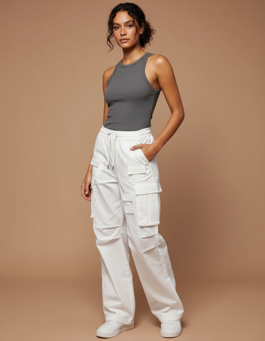 Pantalon Cargo Blanc Ample Taille Haute Multipoches - Toile
