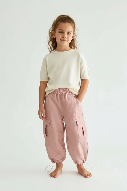 Pantalon Cargo Rose Ample Coton Enfant - Polyester