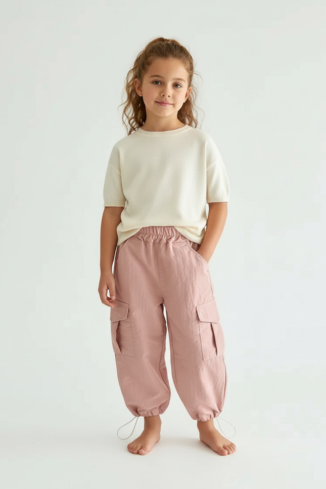 Pantalon Cargo Rose Ample Coton Enfant - Polyester