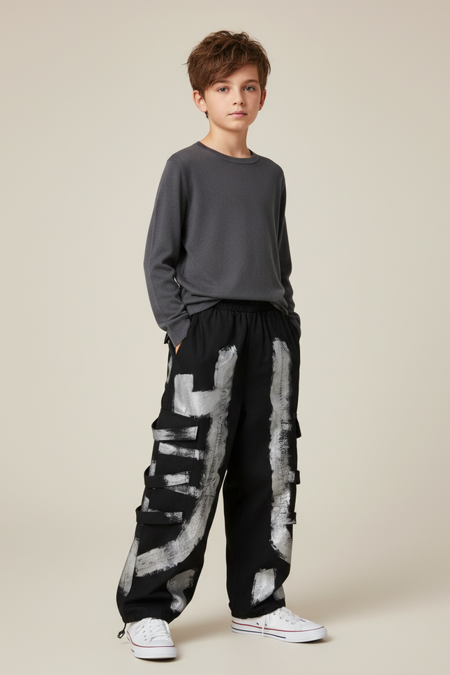 Pantalon Cargo Noir Ample Graffiti Garçon Streetwear - Toile