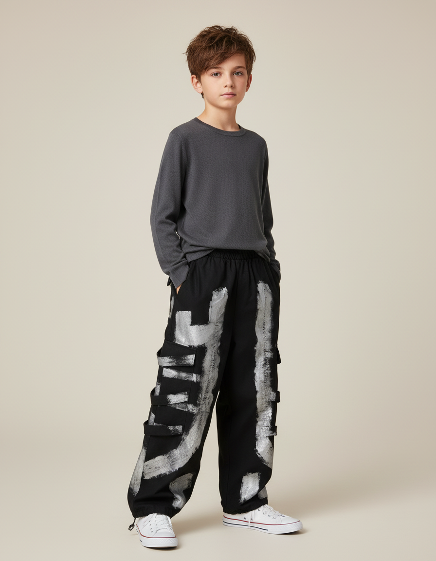 Pantalon Cargo Noir Ample Graffiti Garçon Streetwear - Toile