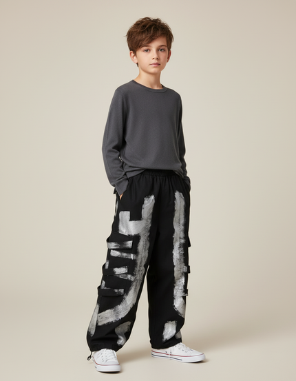 Pantalon Cargo Noir Ample Graffiti Garçon Streetwear - Toile