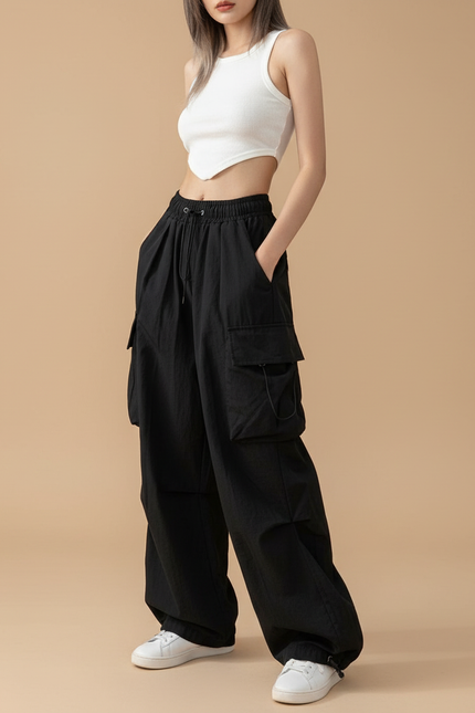 Pantalon Cargo Noir Ample Multi-Poches Décontracté Femme - Polyester
