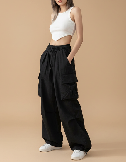 Pantalon Cargo Noir Ample Multi-Poches Décontracté Femme - Polyester