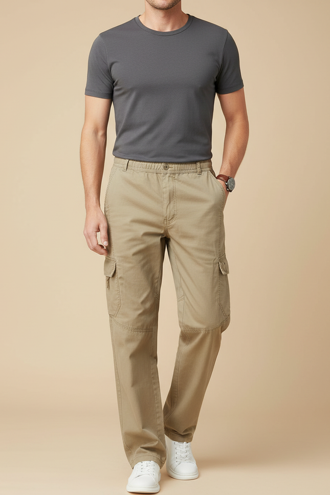 Pantalon Cargo Beige Coton Ample Élastique Décontracté Homme