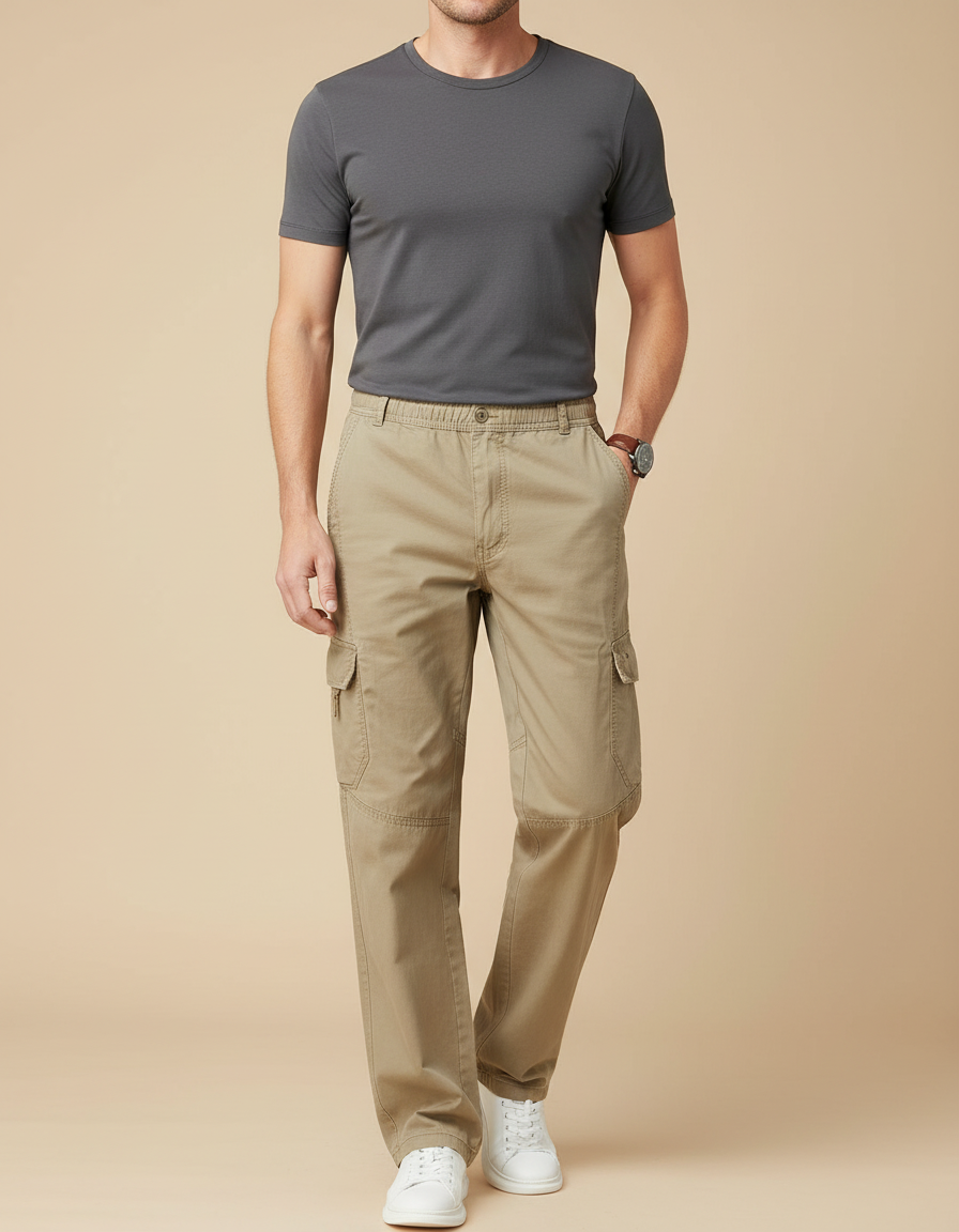 Pantalon Cargo Beige Coton Ample Élastique Décontracté Homme