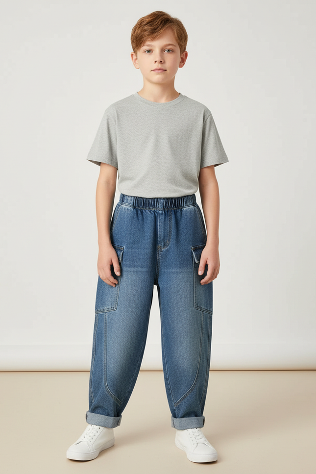 Pantalon Cargo Denim Ample Garçon Poches Latérales - Bleu Jean