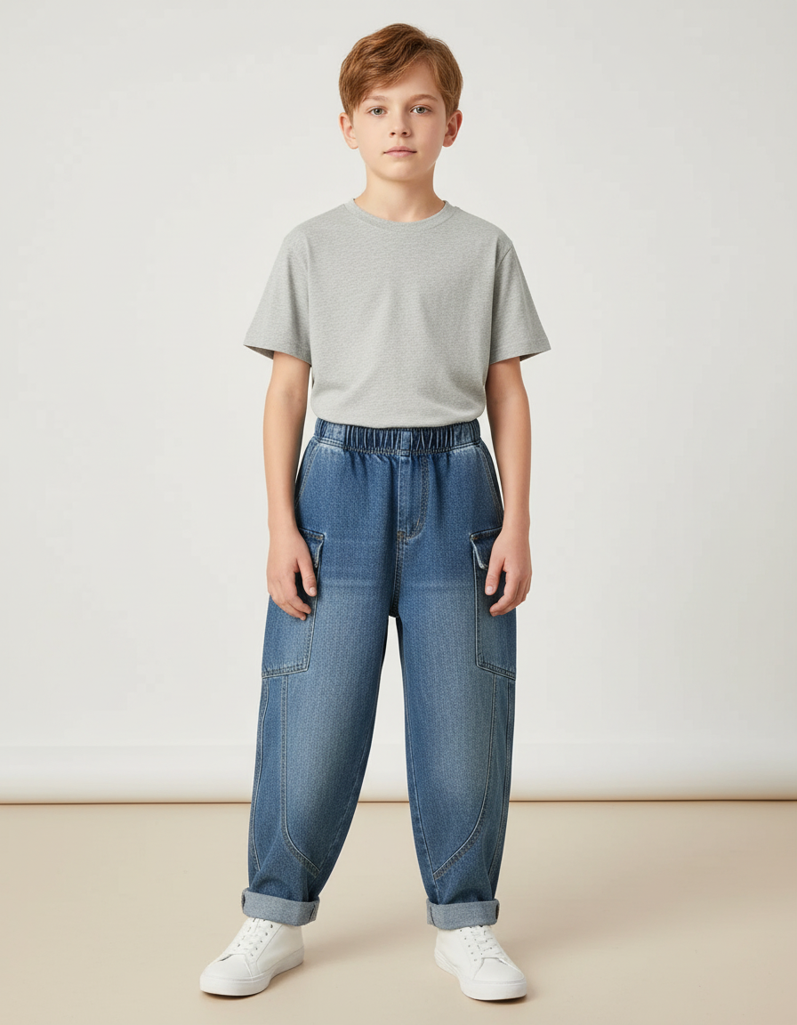 Pantalon Cargo Denim Ample Garçon Poches Latérales - Bleu Jean