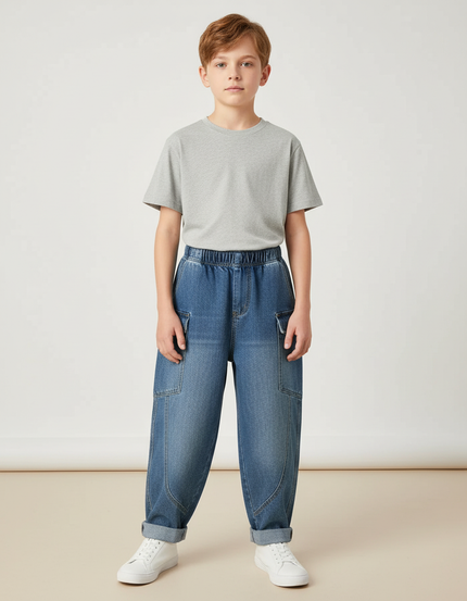 Pantalon Cargo Denim Ample Garçon Poches Latérales - Bleu Jean