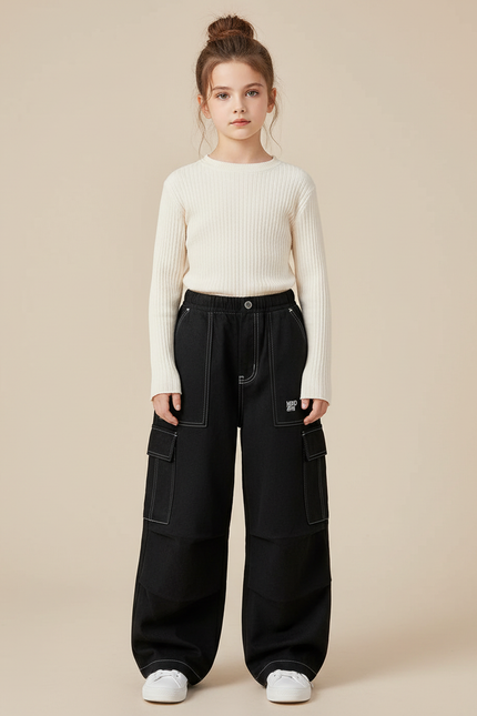 Pantalon Cargo Noir Ample Décontracté Surpiqûres Enfant - Jean