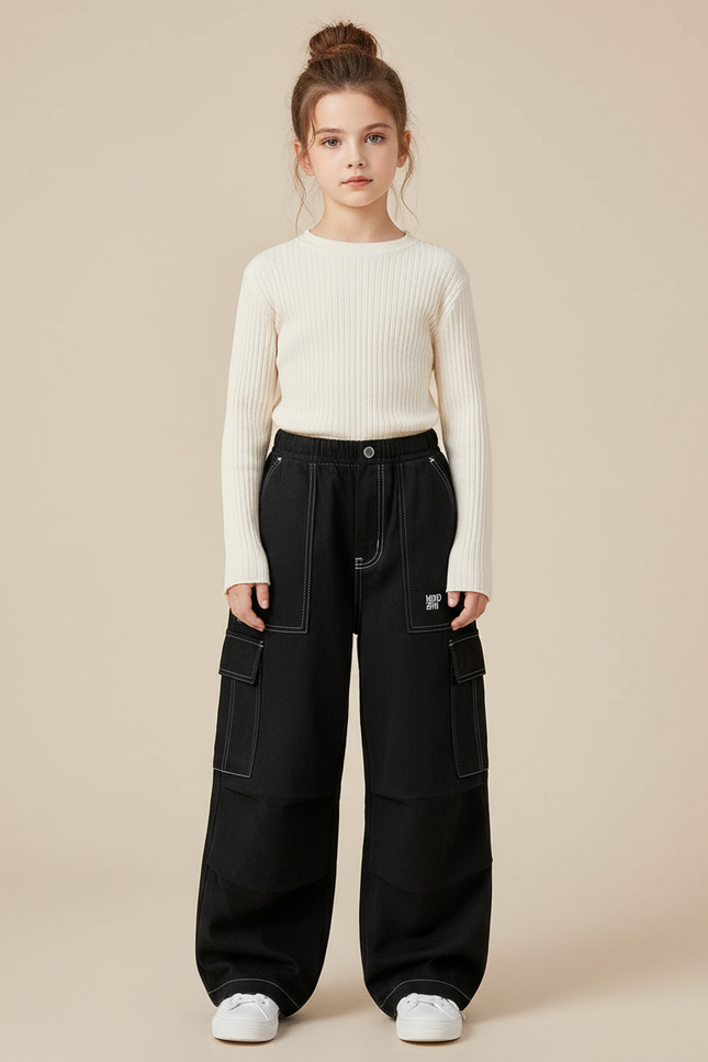 Pantalon Cargo Noir Ample Décontracté Surpiqûres Enfant - Jean