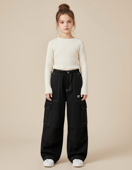 Pantalon Cargo Noir Ample Décontracté Surpiqûres Enfant - Jean