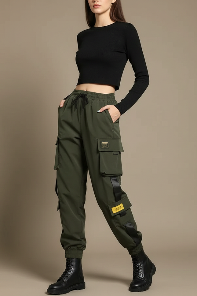 Pantalon Cargo Femme Vert Militaire Ample Multipoches Décontracté - Kaki Polyester
