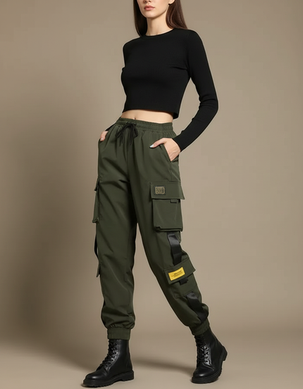 Pantalon Cargo Femme Vert Militaire Ample Multipoches Décontracté - Kaki Polyester