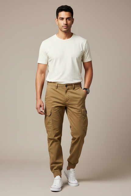 Pantalon Cargo Kaki Coton Jogger Multipoches Homme
