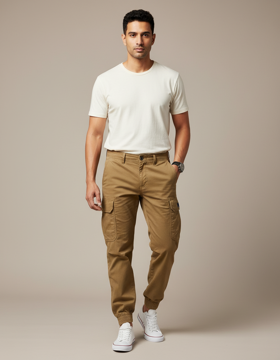 Pantalon Cargo Kaki Coton Jogger Multipoches Homme