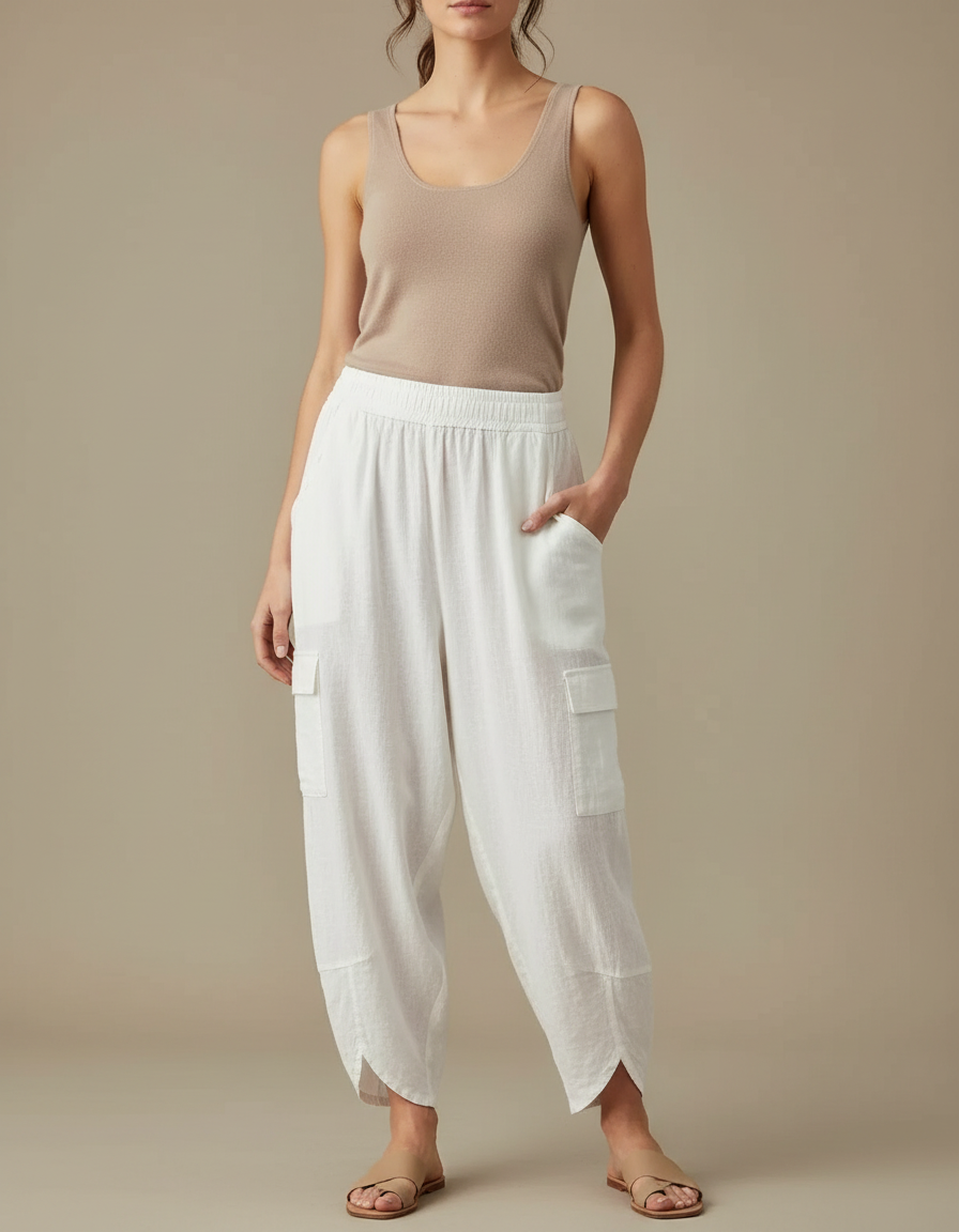 Pantalon Cargo Blanc Lin Ample Femme