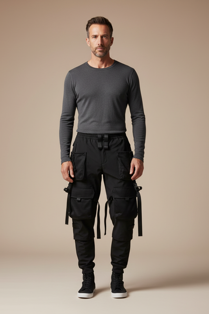 Pantalon Cargo Noir Techwear Multipoches Streetwear Homme - Polyester