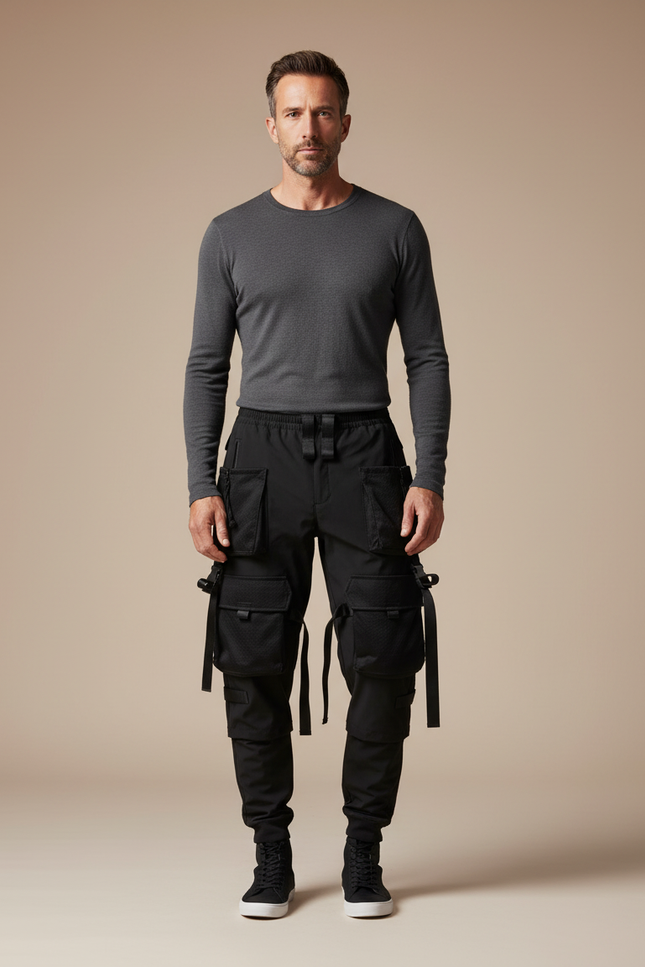Pantalon Cargo Noir Techwear Multipoches Streetwear Homme - Polyester