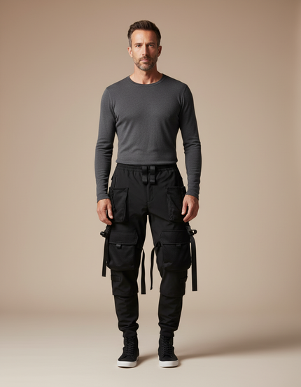 Pantalon Cargo Noir Techwear Multipoches Streetwear Homme - Polyester