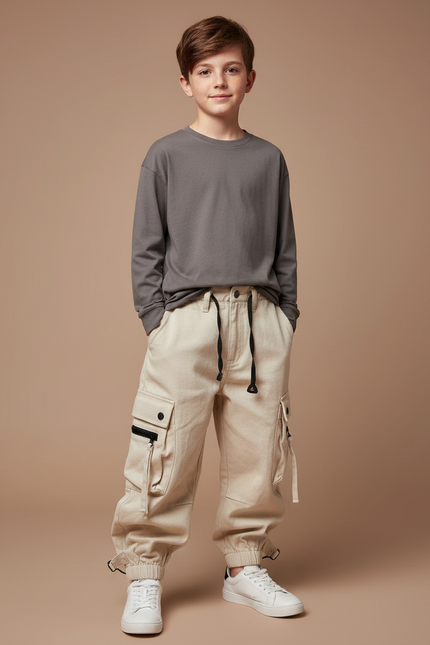 Pantalon Cargo Beige Ample Poches Garçon Streetwear - Toile