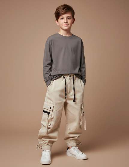 Pantalon Cargo Beige Ample Poches Garçon Streetwear - Toile