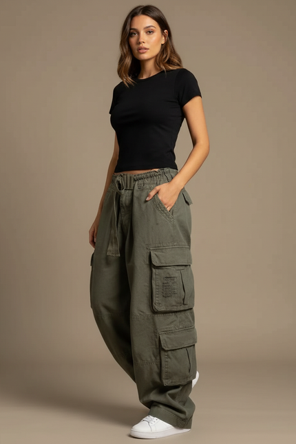 Pantalon Cargo Vert Olive Ample Décontracté Femme - Kaki Toile