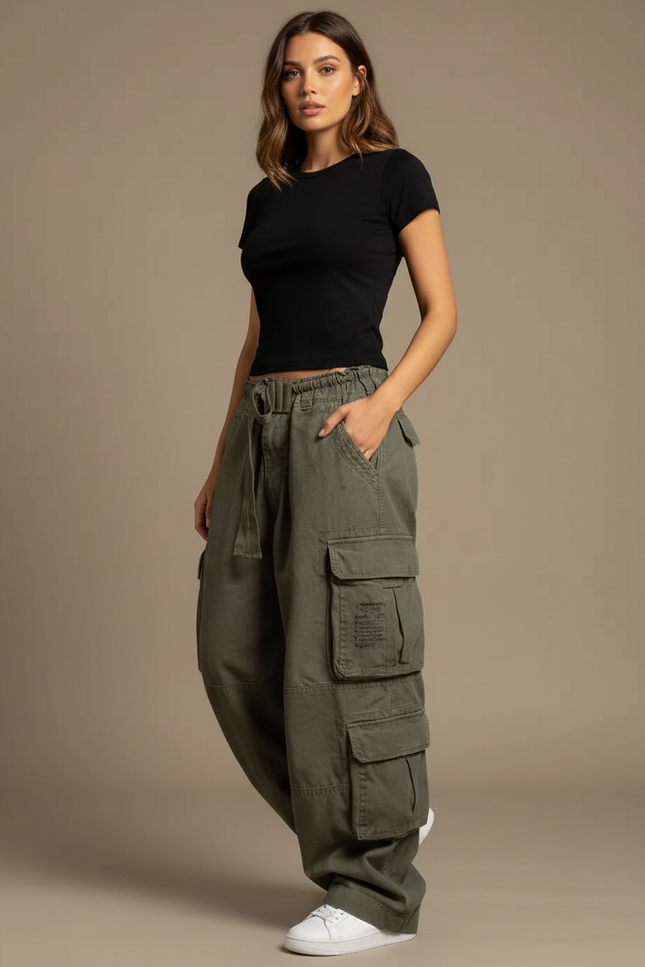 Pantalon Cargo Vert Olive Ample Décontracté Femme - Kaki Toile
